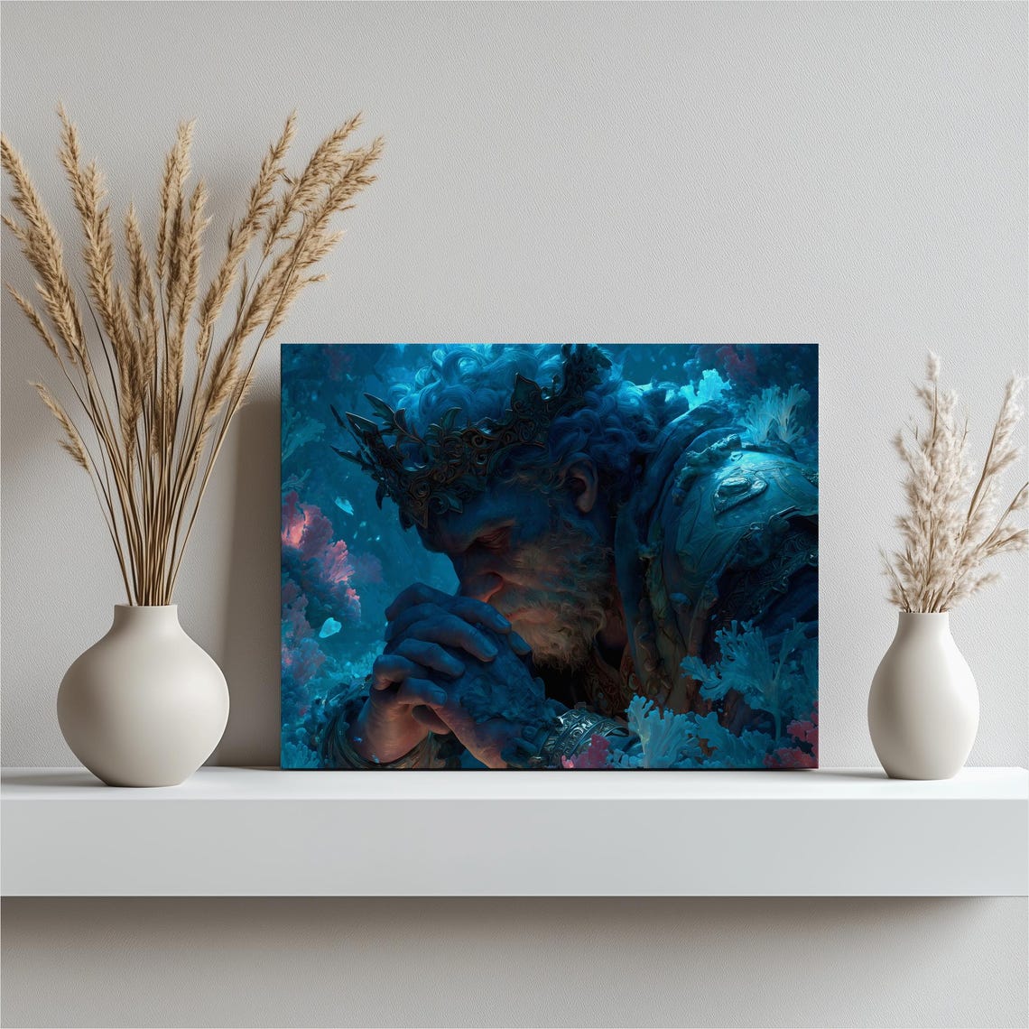 Underwater Sea King Bioluminescent Coral Blue Fantasy Portrait Print