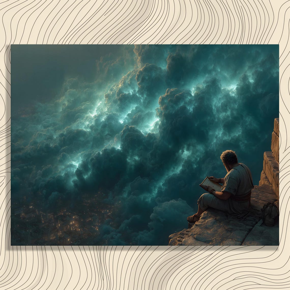 Lone Man Reading on Cliff Epic Storm Cloud Cityscape Fantasy Poster