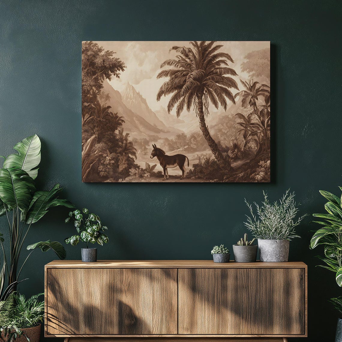Tropical Donkey Sepia Vintage Palm Mountain Landscape Wall Art