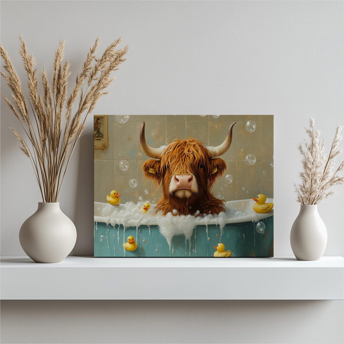Highland Cow Bubble Bath Rubber Ducks Funny Bathroom Canvas Poster