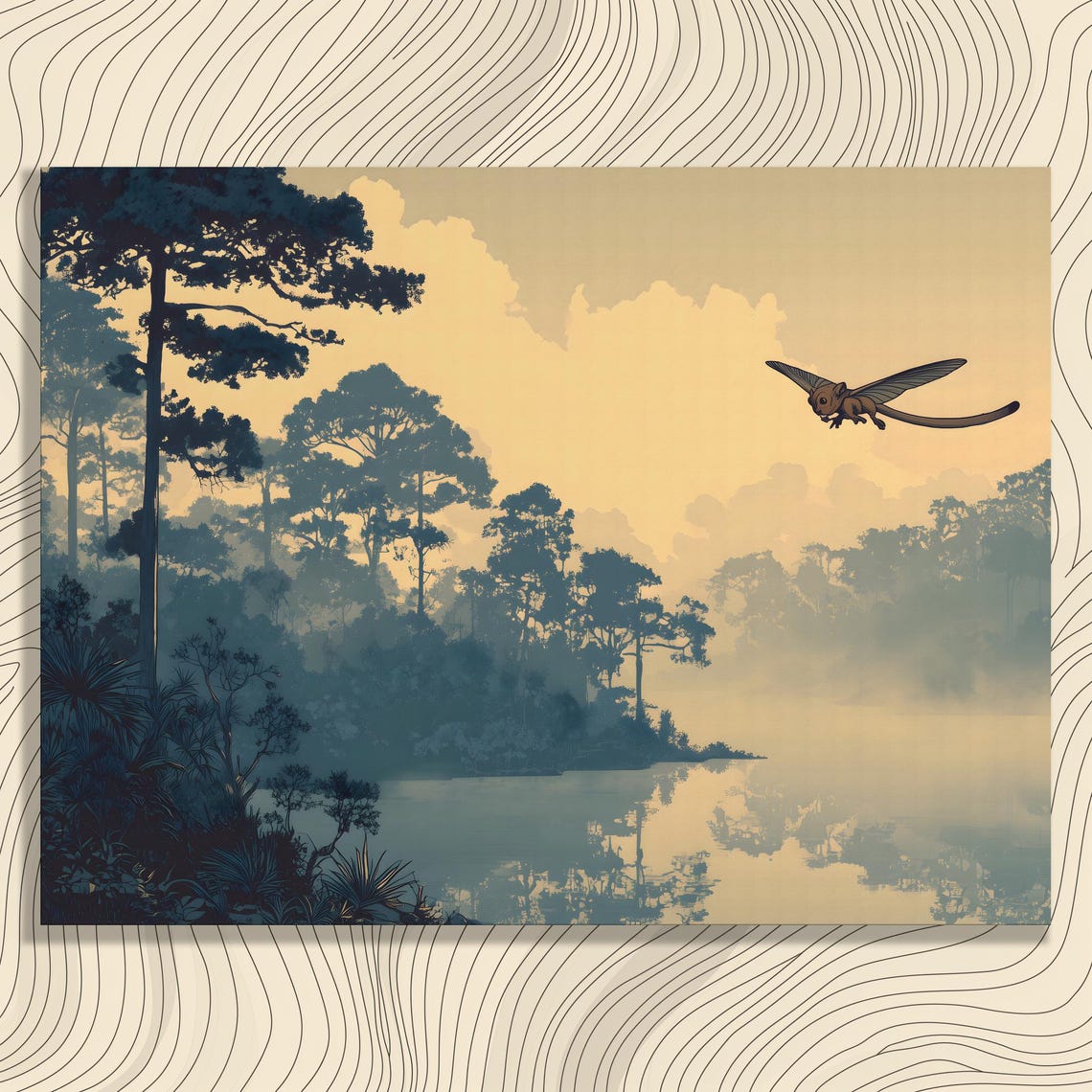 Winged Dragon Over Misty Forest Lake Vintage Japanese Style Poster