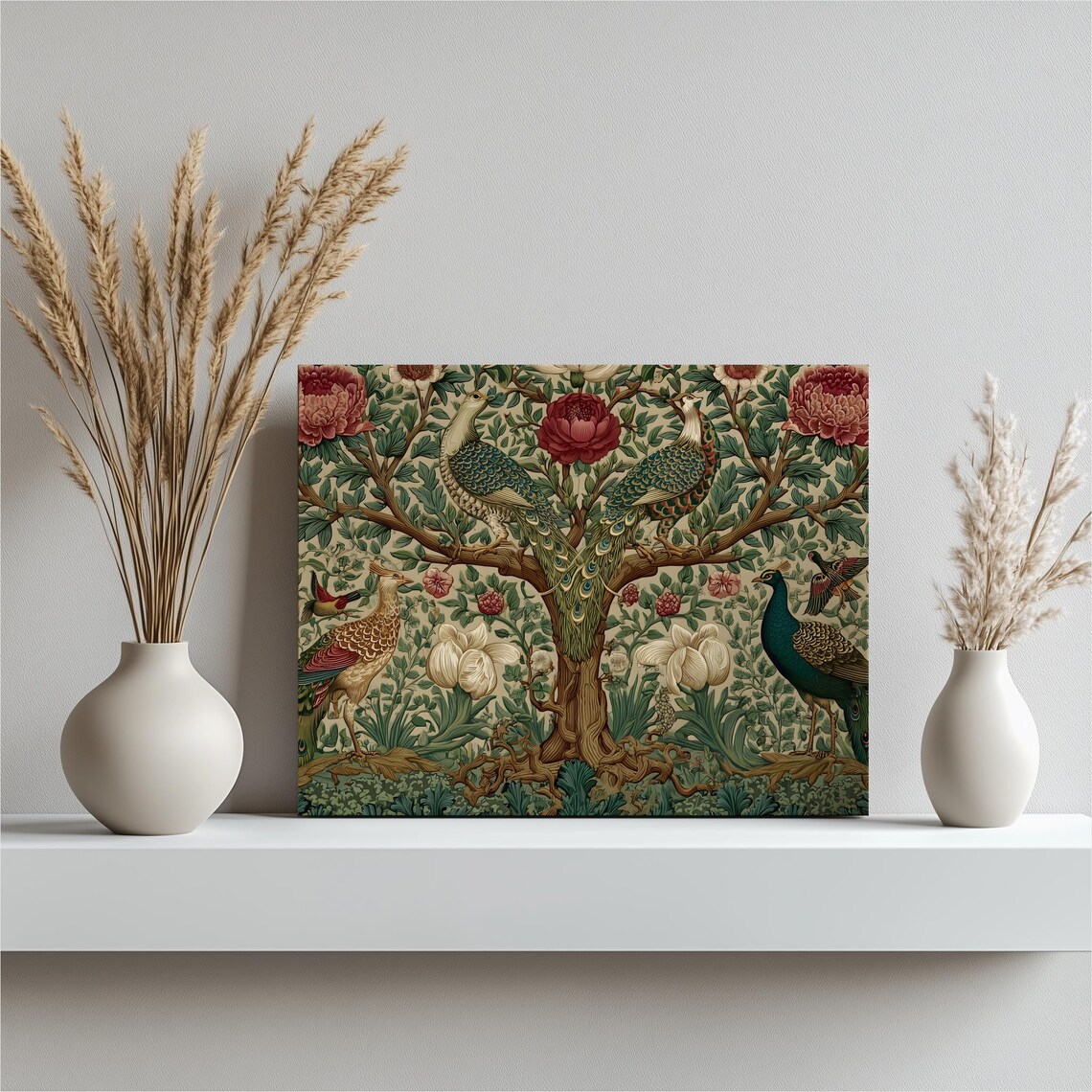 Peacock Botanical Tree Canvas Wall Art Vintage Nouveau Floral Design