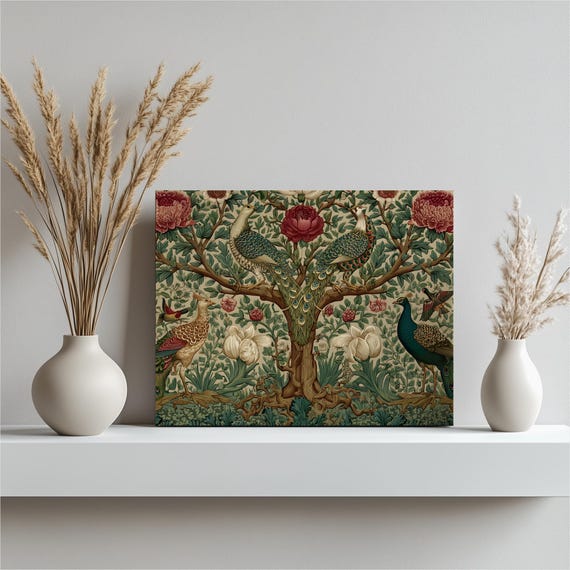 Peacock Botanical Canvas Wall Art Vintage Nouveau Floral Print Nature Inspired Bird Illustration Tree Branch Design Gallery Wrapped