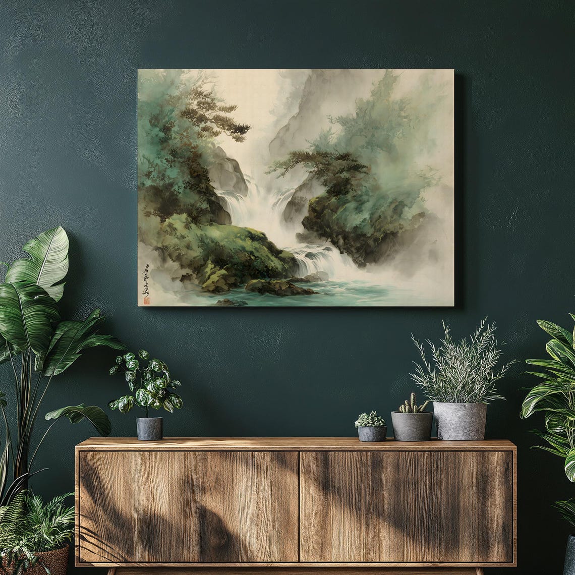 Misty Green Gorge Waterfall Ink Wash Asian Landscape Art Poster