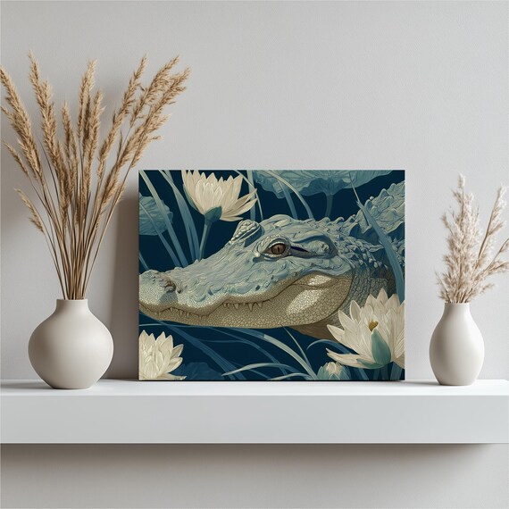 Serene Alligator Resting Among White Lotus Flowers Navy Print