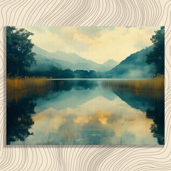 Serene Lake Landscape Canvas Wall Art Modern Nature Print With Mountain Reflection Clouds Trees For Enthusiasts