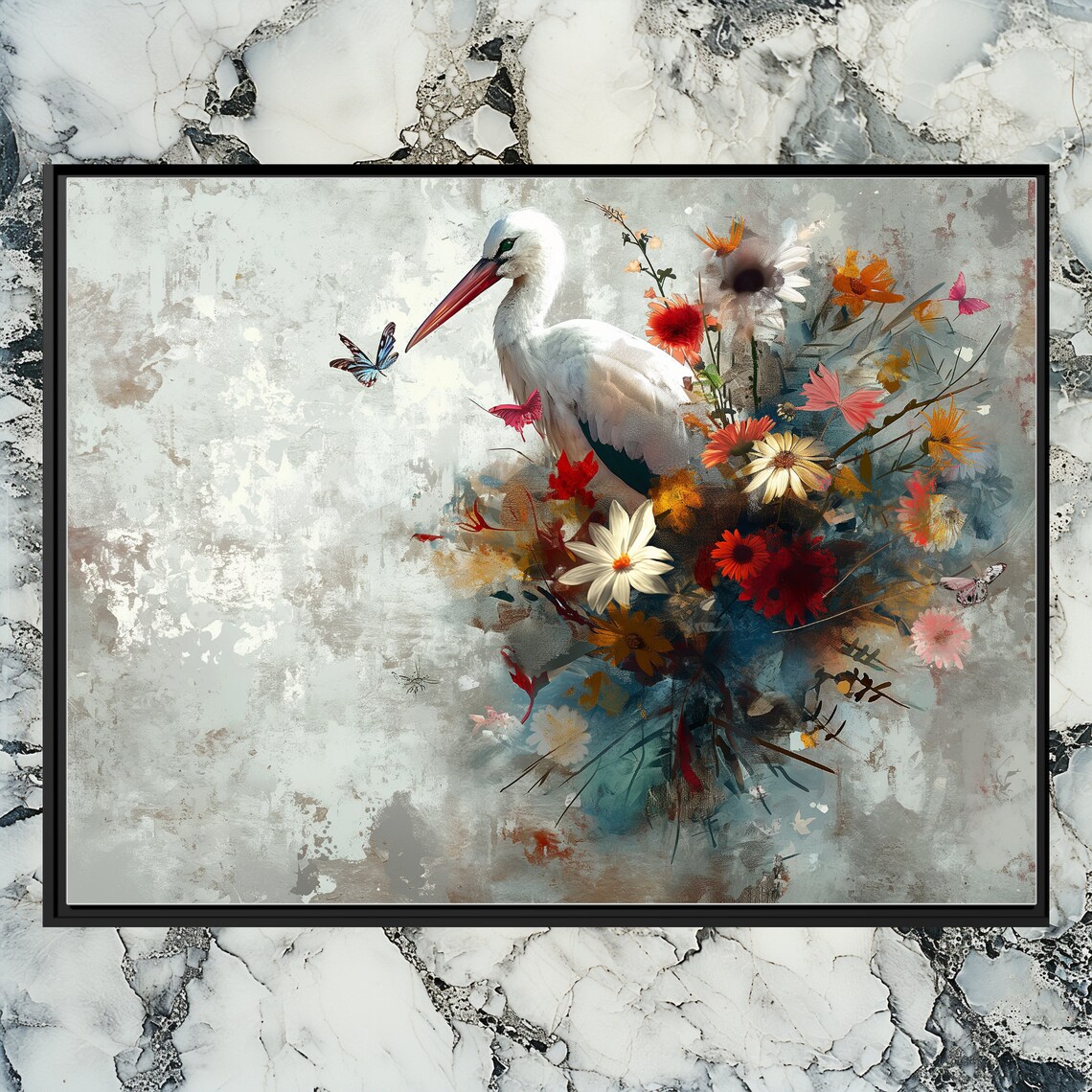 White Stork Among Wildflowers Butterflies Painterly Bird Poster