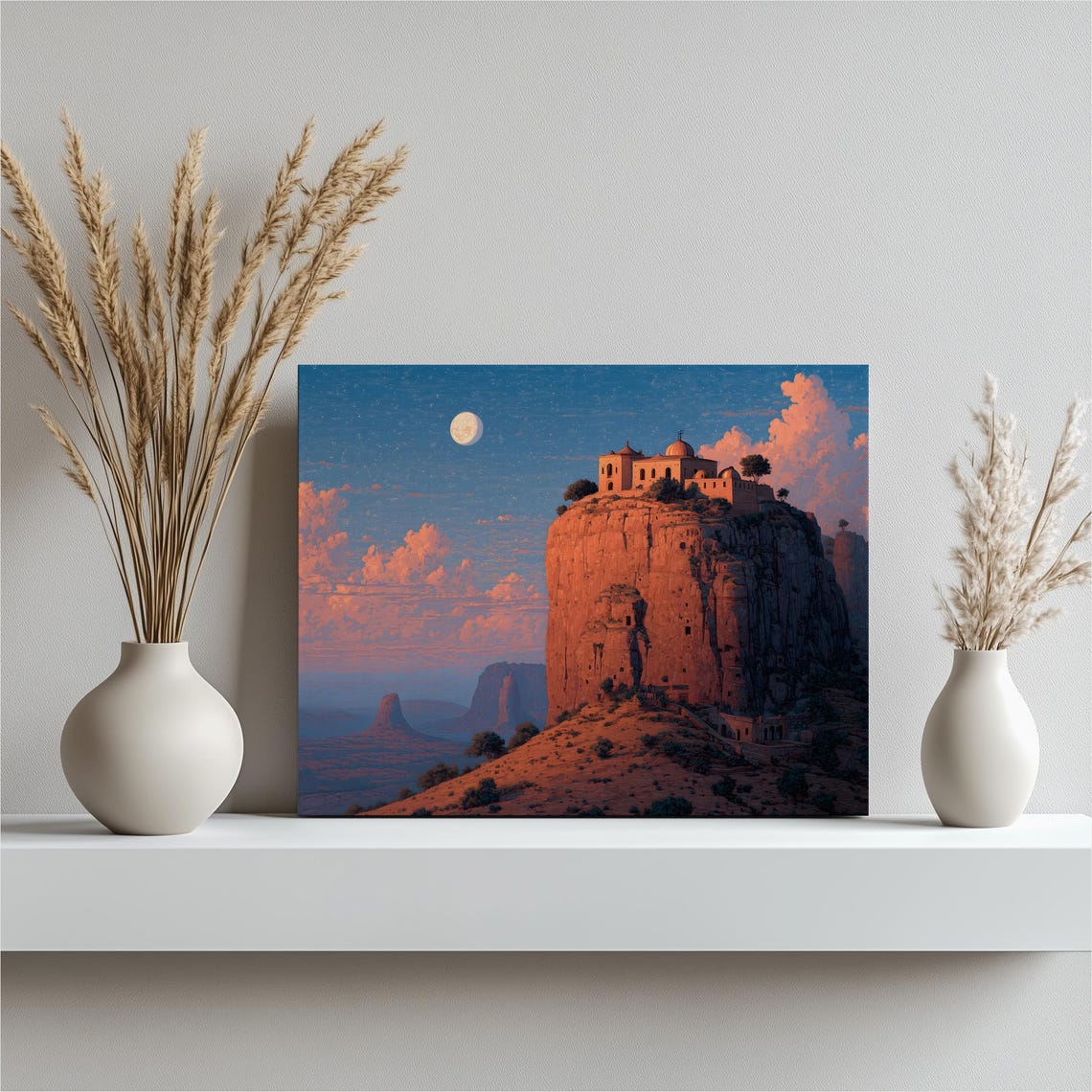 Moonlit Desert Fortress Mesa Full Moon Night Landscape Art Poster