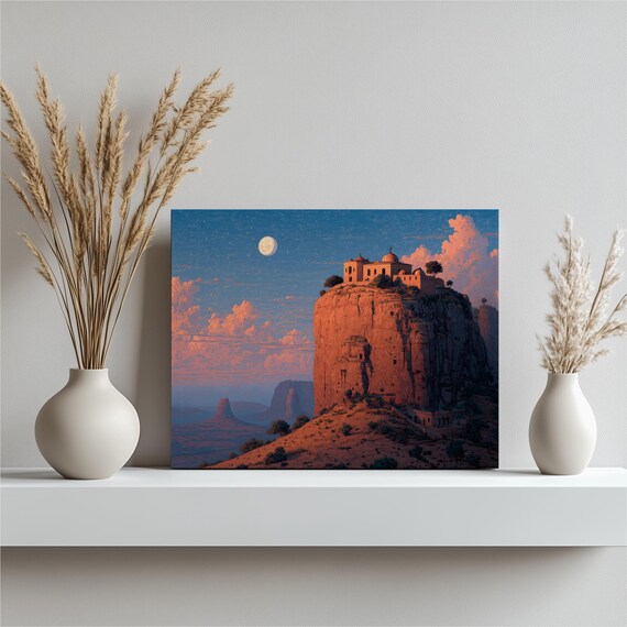 Moonlit Desert Fortress Canvas Wall Art Starry Night Sky Full Moon Landscape Fantasy Decor Twilight Scene Domed Building