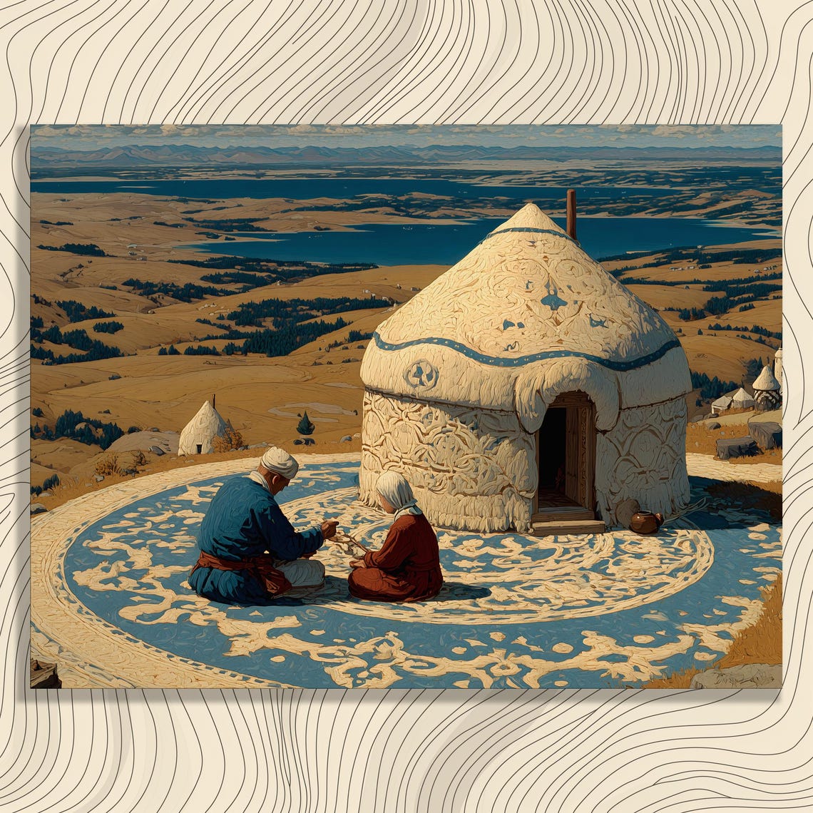 Nomadic Yurt Couple Seated On Steppe Rug Mountain Landscape Art Poster
