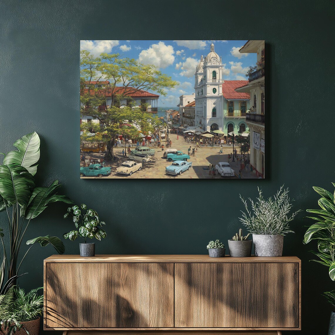 Vintage Coastal Town Square Classic Cars Colonial Architecture Poster