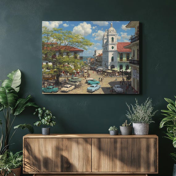 Vintage Coastal Town Canvas Wall Art Classic Car Street View Square Colonial Architecture Harbor Open Air Market Decor Print