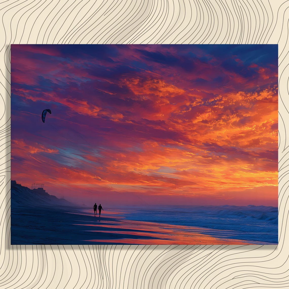 Fiery Orange Sunset Beach with Walkers Kite Surfer Art Poster