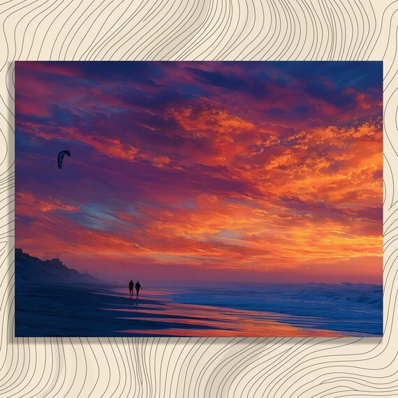 Fiery Orange Sunset Beach with Walkers Kite Surfer Art Poster