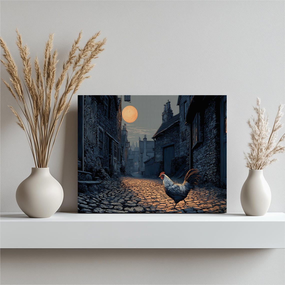 Rooster Cobblestone Street Moonlit Night Medieval Village Wall Art