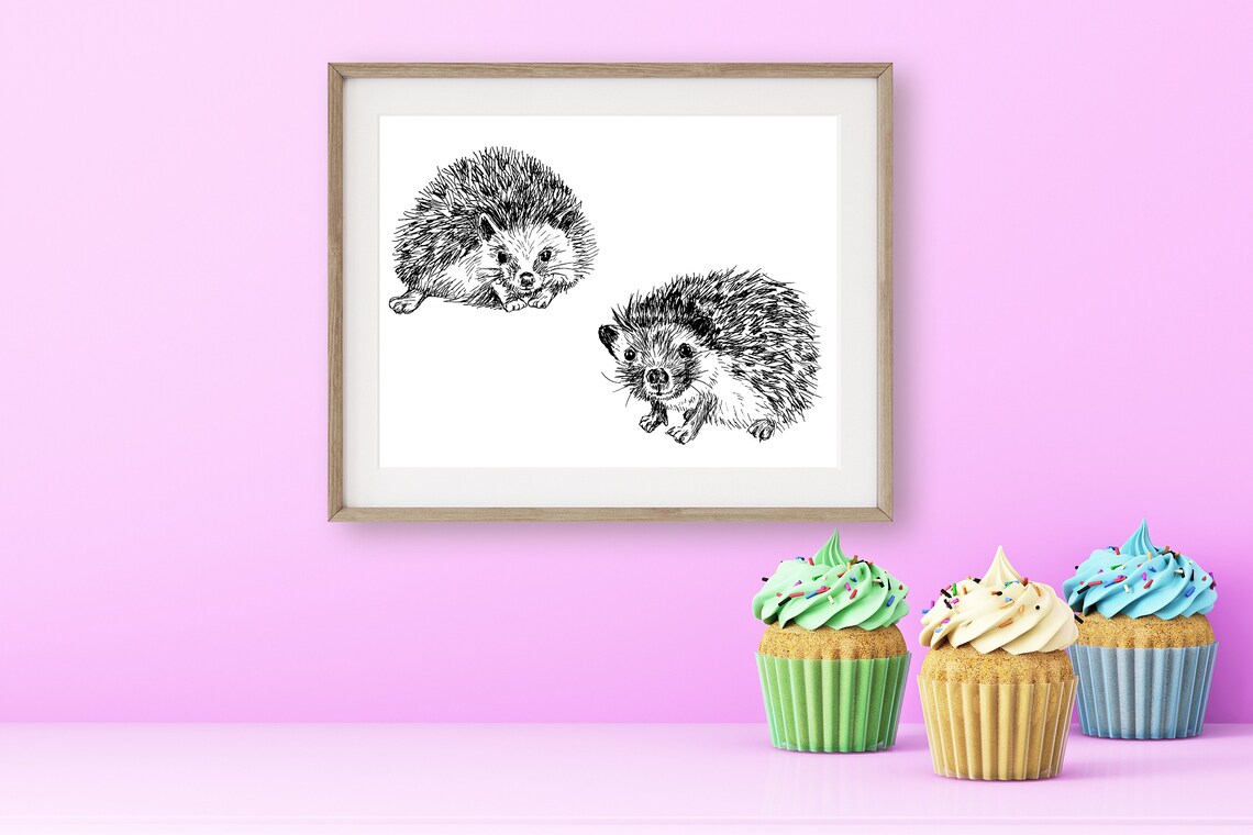 Two Hedgehogs Pen Sketch Cute Woodland Animal Nursery Art Print