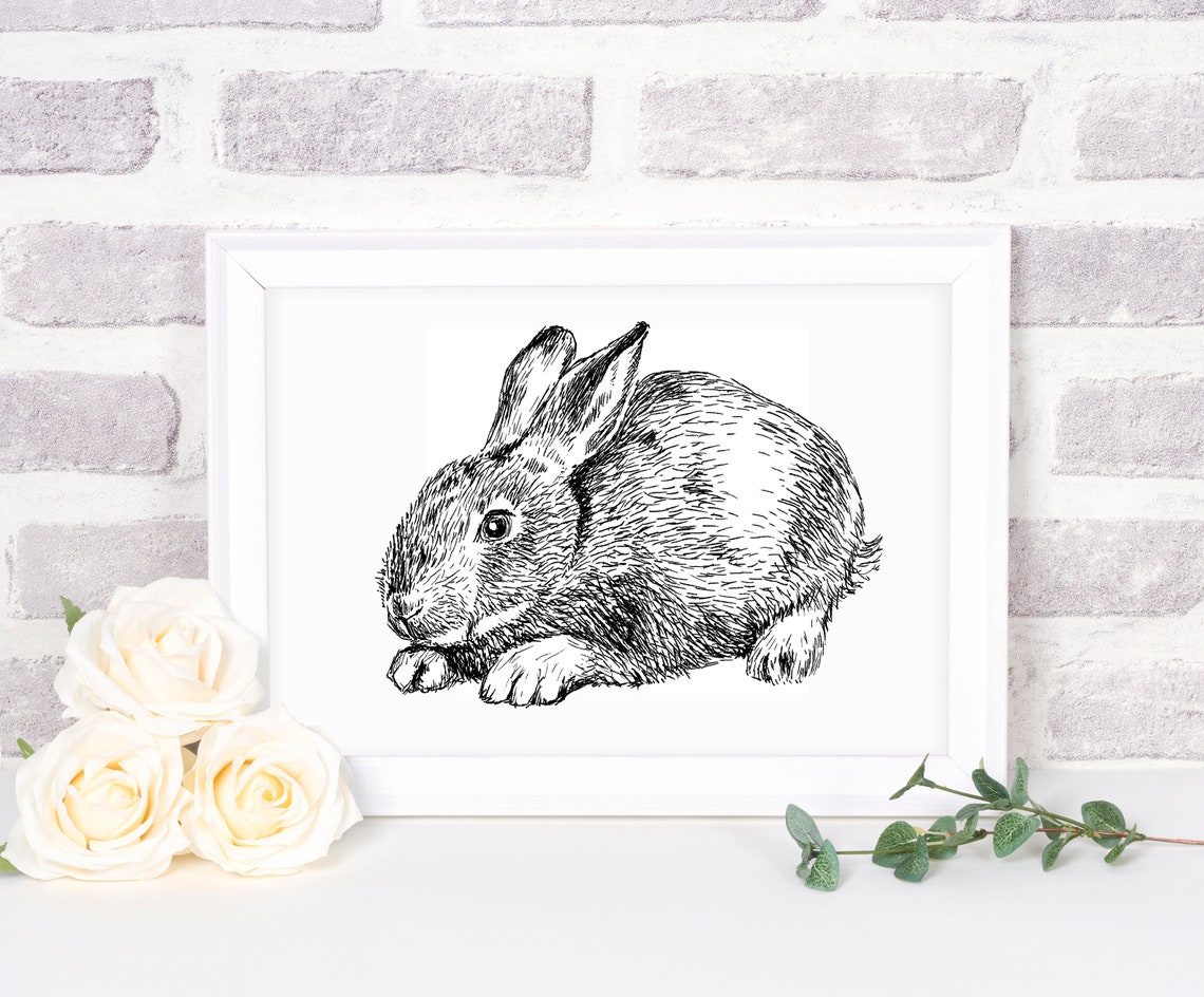 Cute Rabbit Ink Drawing Black and White Bunny Nursery Wall Poster