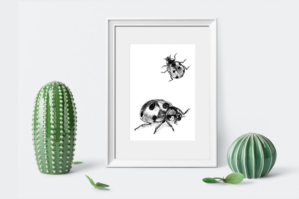 Two Ladybugs Ink Sketch Minimalist Insect Line Art Kids Room Poster
