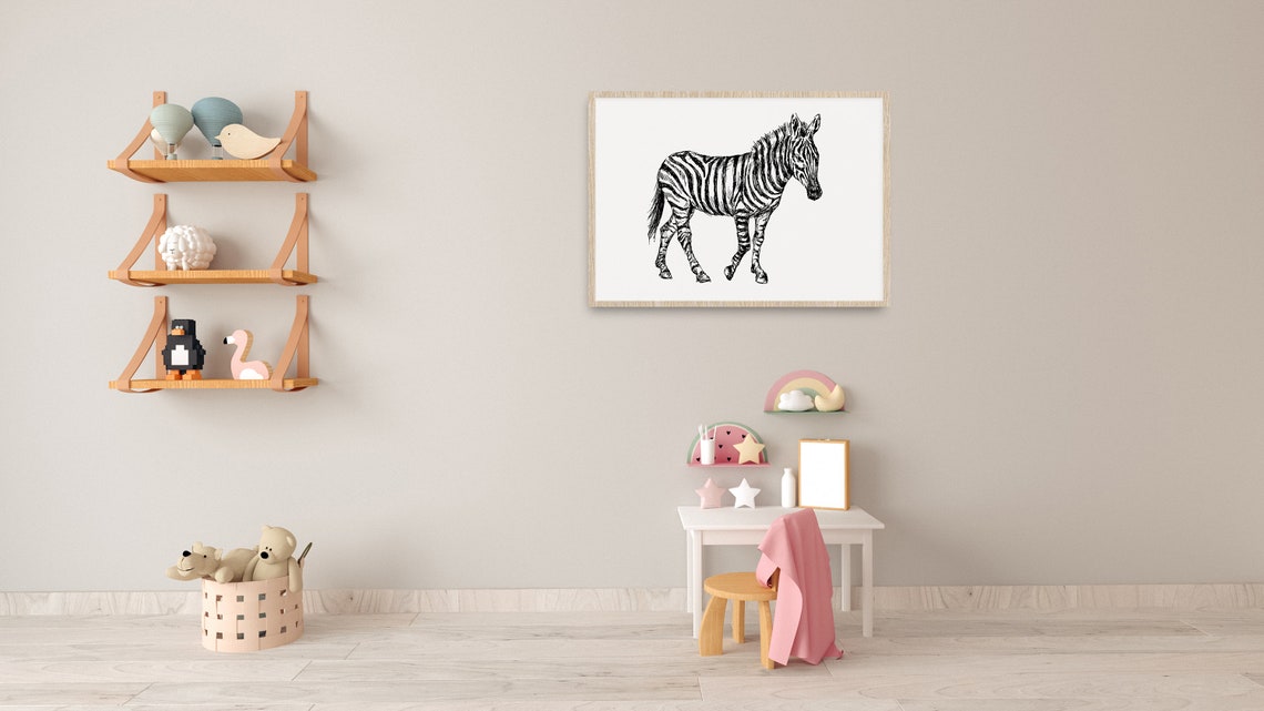 Zebra Ink Drawing Minimalist Black White Animal Sketch Print