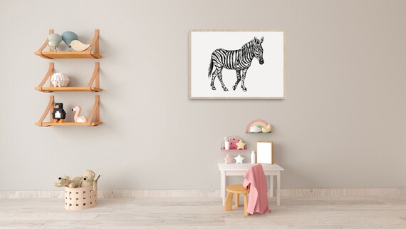 Zebra Ink Drawing Minimalist Black White Animal Sketch Print