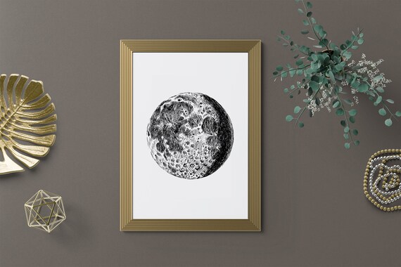 Full Moon Black And White Detailed Lunar Sketch Night Wall Art