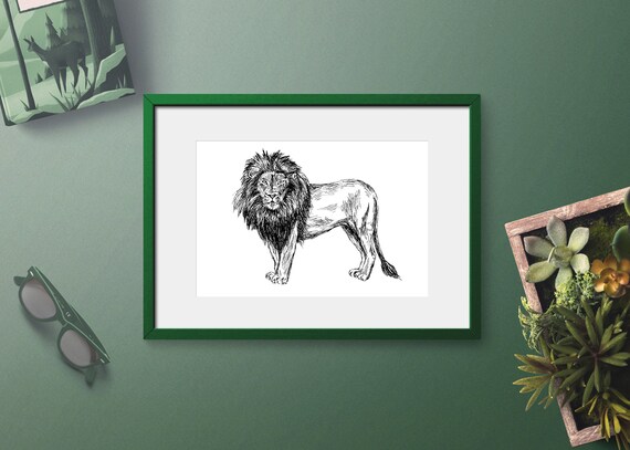 Standing Lion Mane Sketch Black White Wild Animal Art Poster