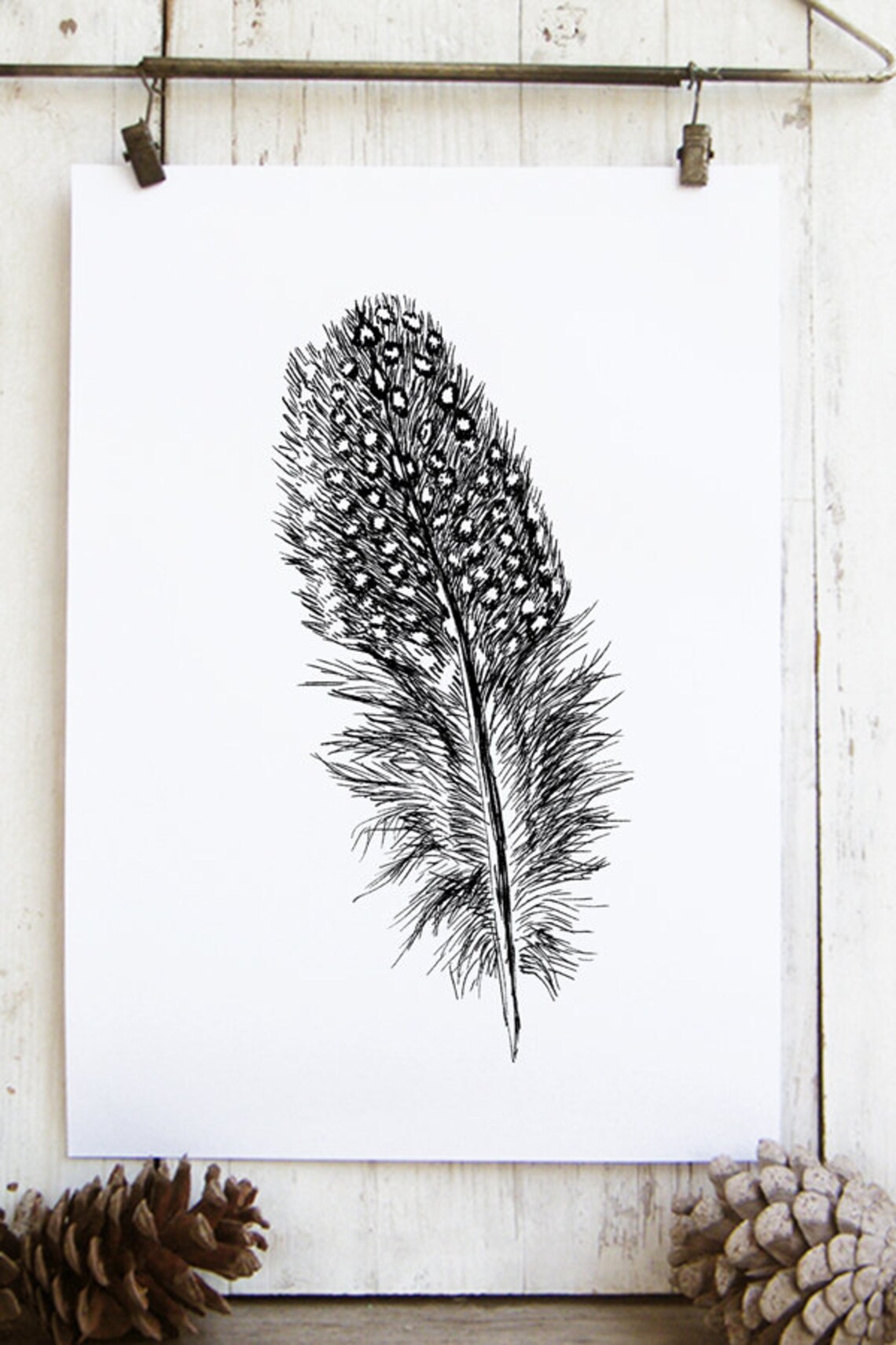 Peacock Feather Black and White Hand Drawn Nature Sketch Wall Art - Image 2