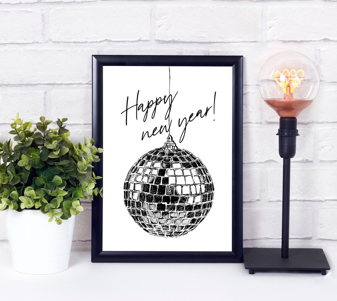 Happy New Year Disco Ball Sketch Black And White Party Wall Decor Poster
