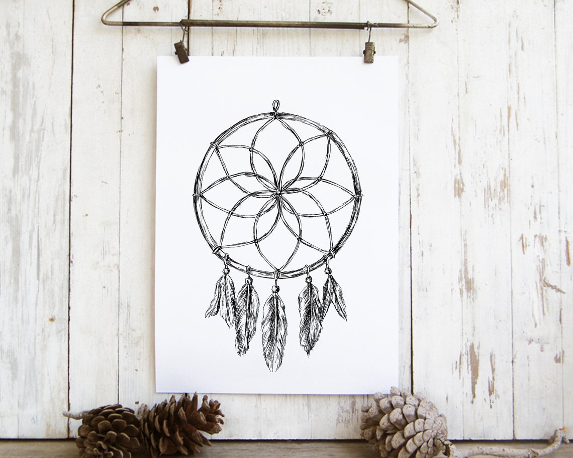 Minimalist Dreamcatcher Line Drawing Feather Design Wall Art - Image 3