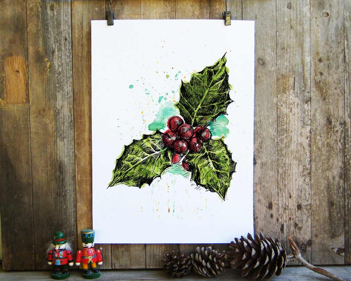 Watercolor Holly Berry Botanical Christmas Holiday Art Poster