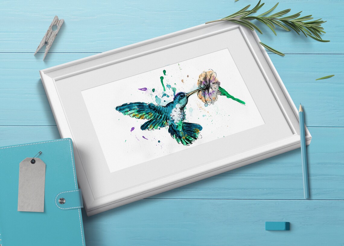 Colorful Hummingbird Nature Art Print, Blue Bird
