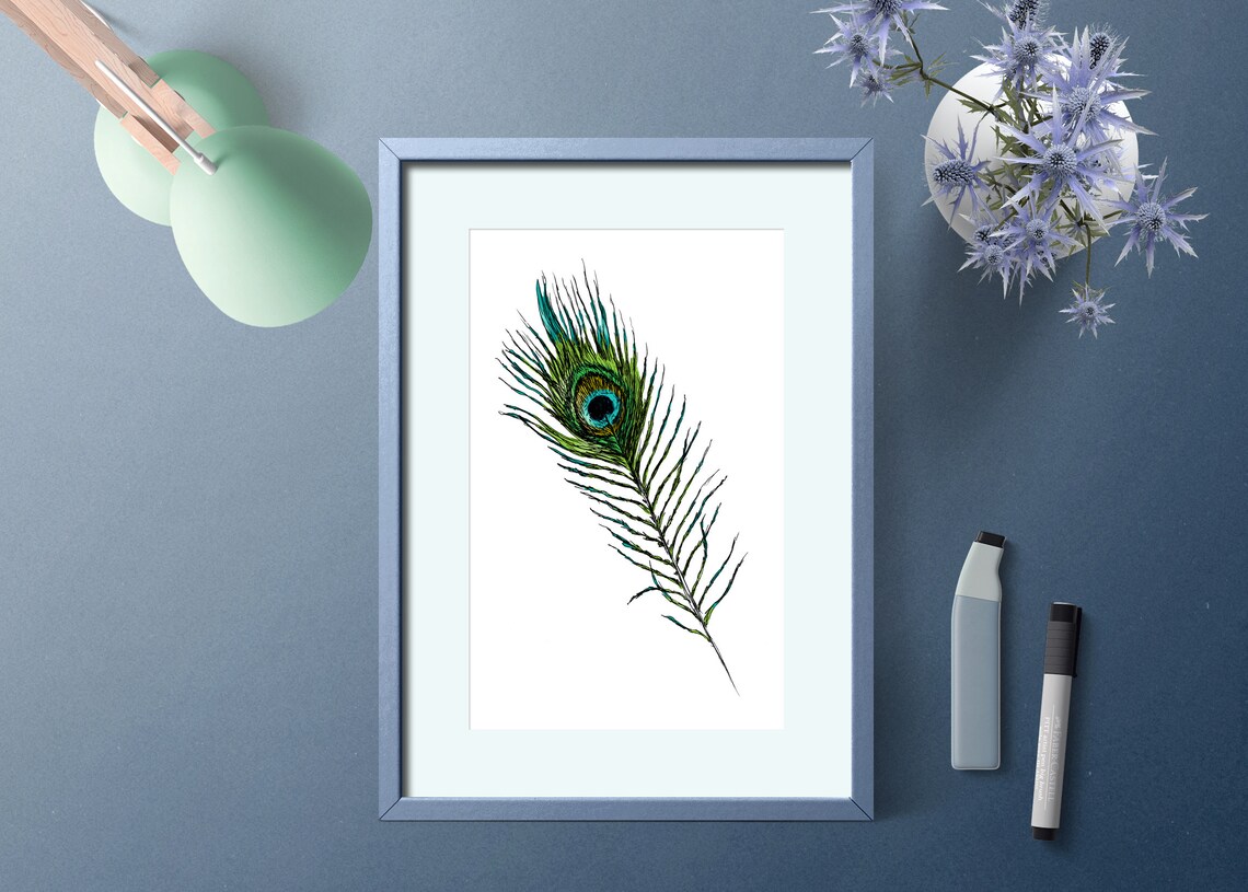 Elegant Peacock Feather Single Plume Watercolor Botanical Wall Art