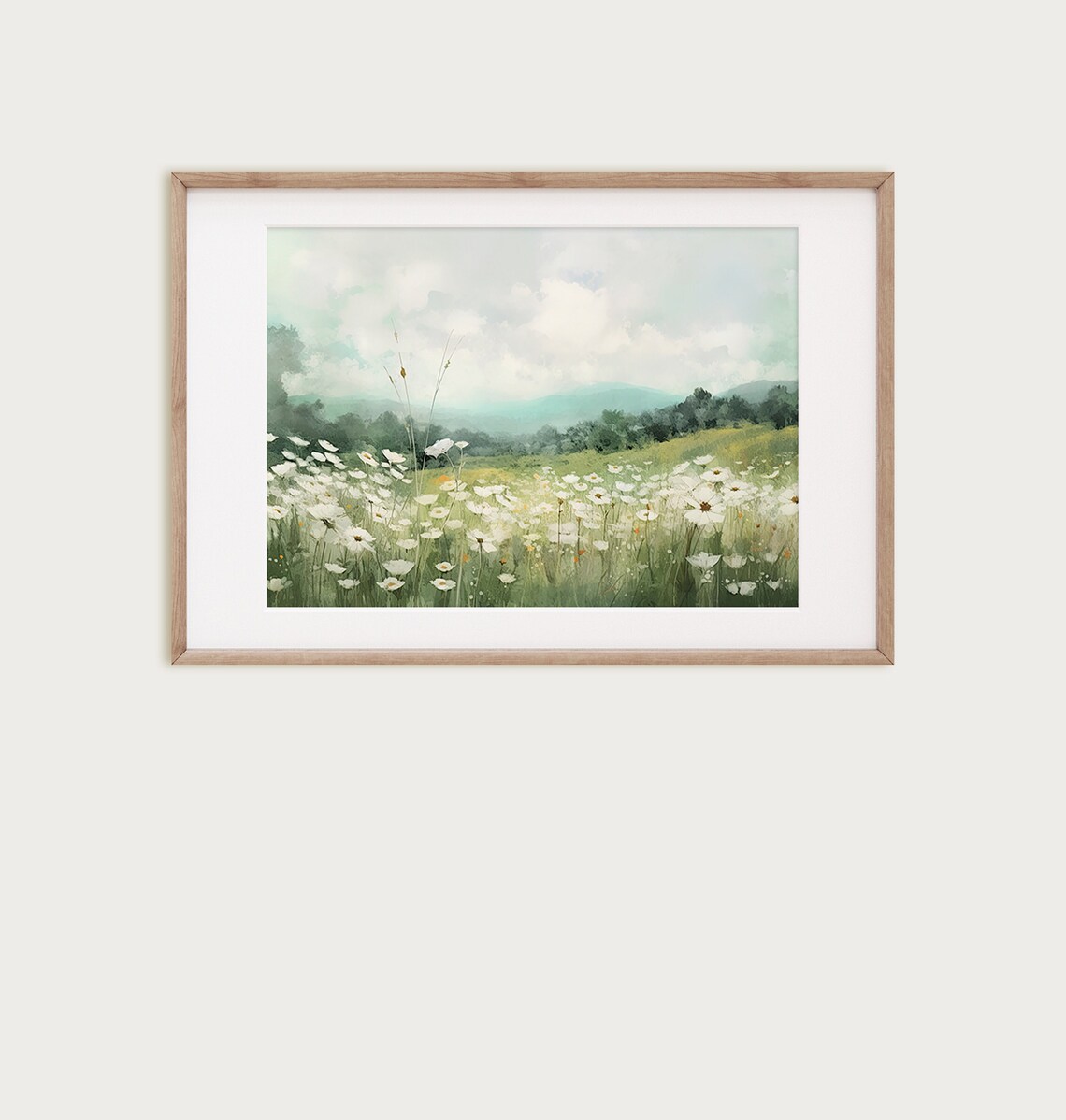 White Wildflower Meadow Watercolor Countryside Landscape Wall Art