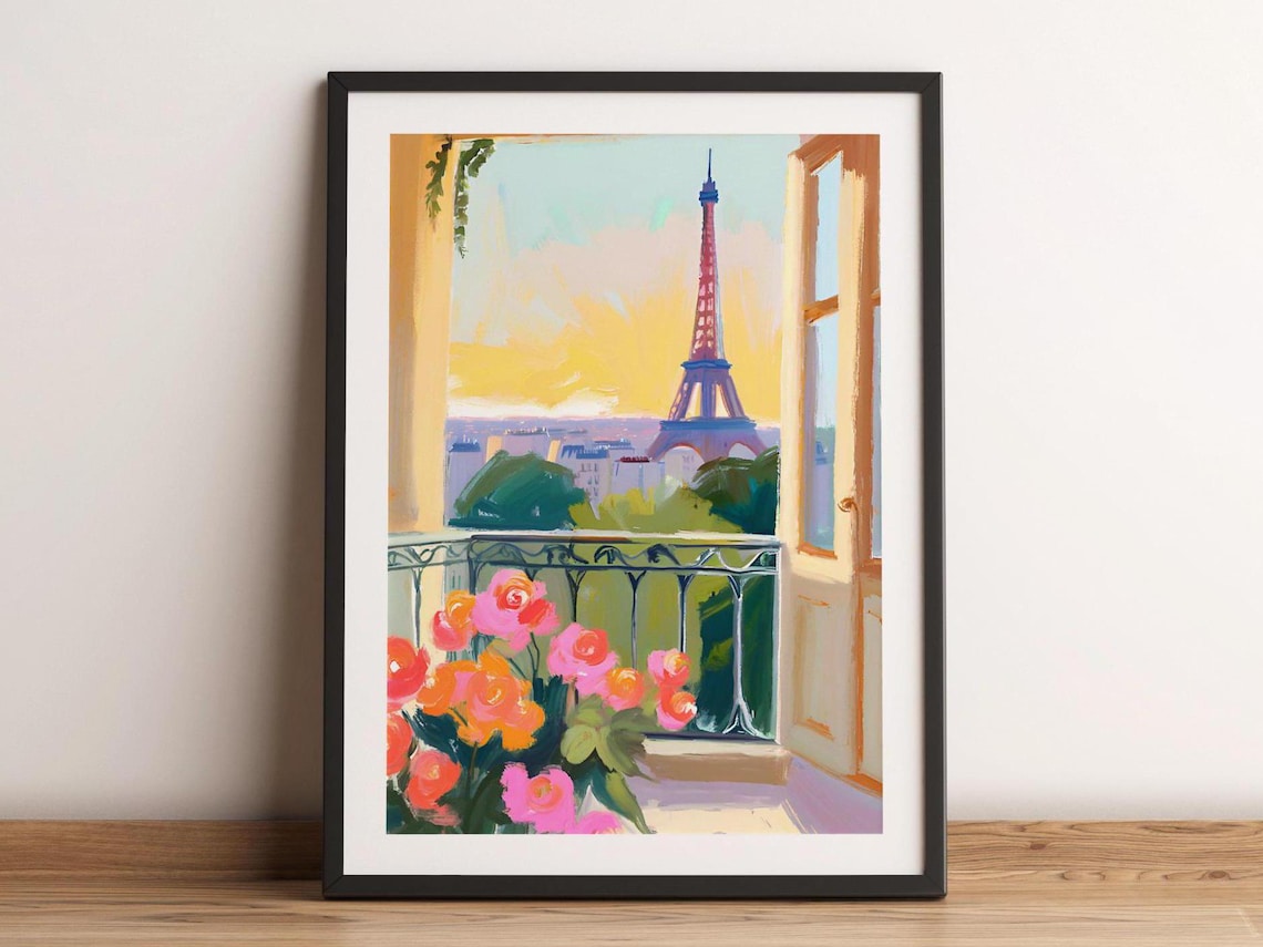 Paris Flowers Balcony Painting Wall Art Parisian Watercolor France Travel Poster City Landmark Eiffel Tower Home Decor