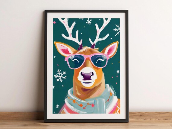 Reindeer Wearing Pink Sunglasses Snowflakes Fun Christmas Poster
