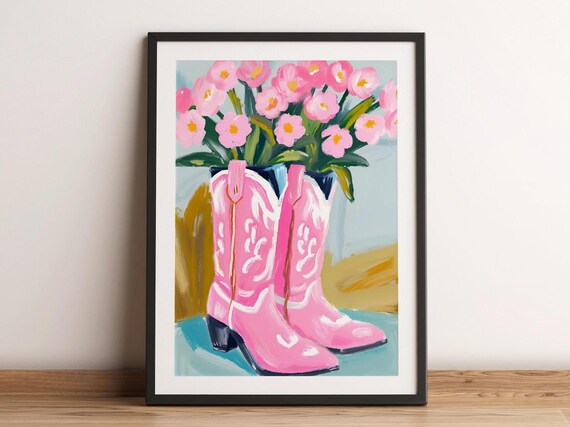 Pink Cowboy Boots with Flowers Painting Western Cowgirl Floral Trendy Art Poster