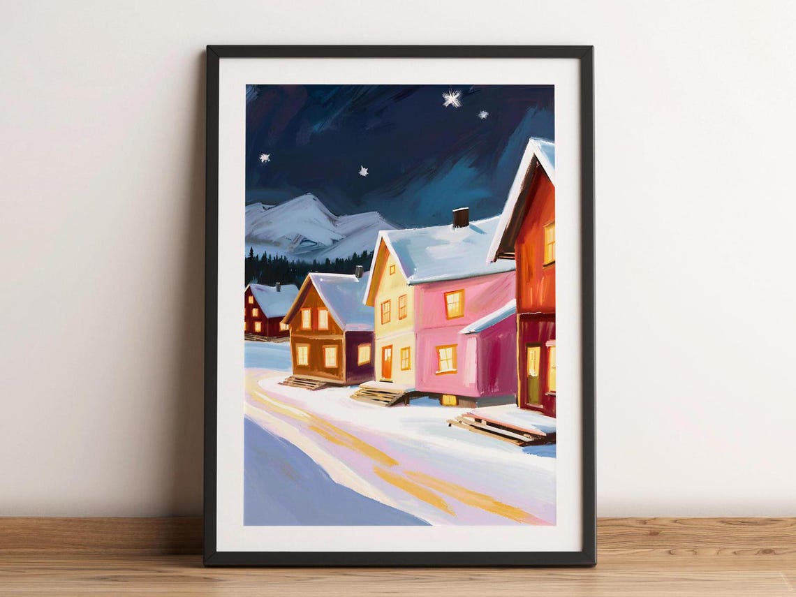 Snowy Nordic Village Night Starry Mountains Winter Holiday Poster