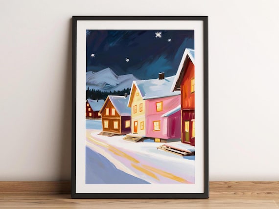 Snowy Nordic Village Night Starry Mountains Winter Holiday Poster