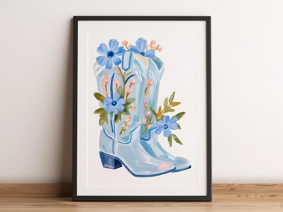 Blue Cowboy Boots with Flowers Watercolor Western Style Wall Poster