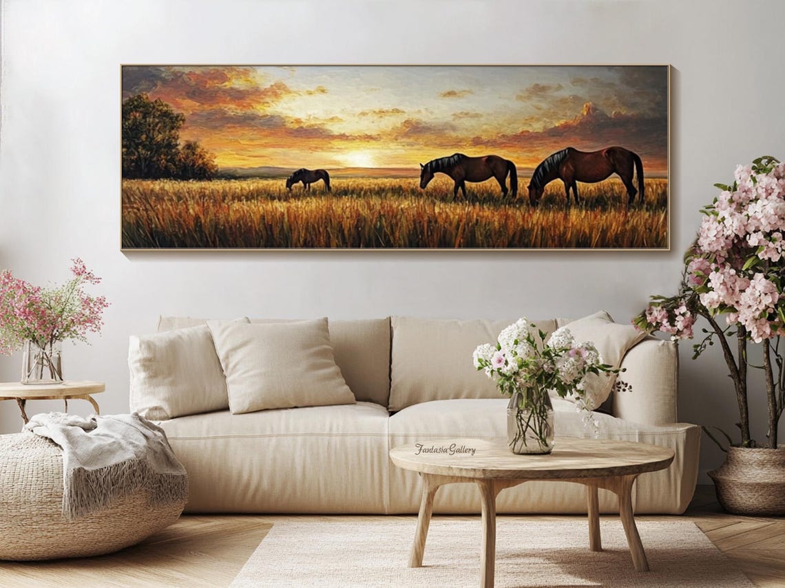 Three Horses Grazing In Golden Field At Sunset Nature Wall Art - Image 4