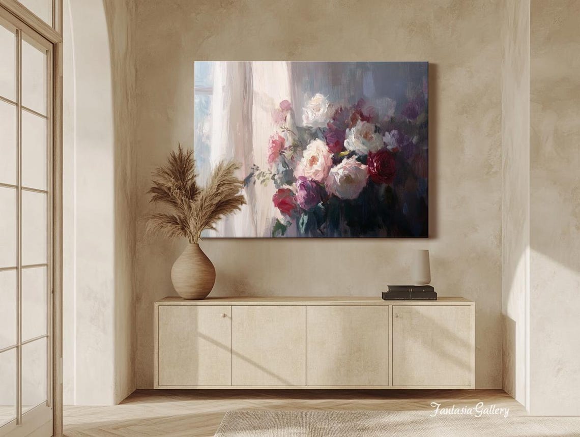 Impressionist Roses Bouquet Window Light Floral Oil Painting Wall Art - Image 3