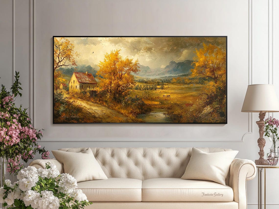 Golden Autumn Landscape Oil Painting On Original Rustic Countryside Scene Wall Art Living Room Wall Art Vintage Farmhouse Wall Decor - Image 3
