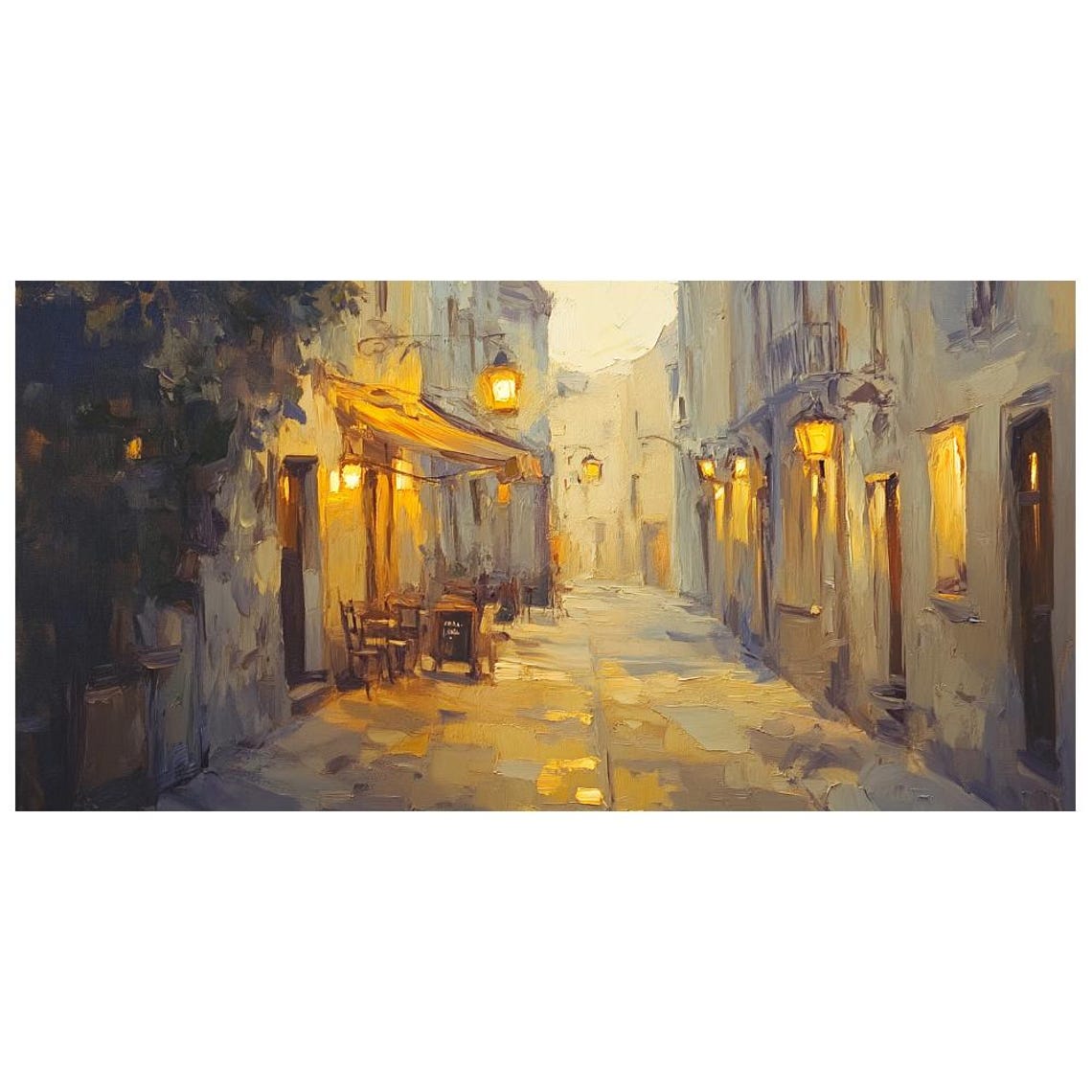 Evening Old Town Street With Glowing Lanterns And Cafes Wall Art - Image 4