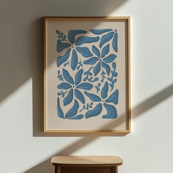 Blue Floral Abstract Wall Art Minimalist Botanical Painting Modern Scandinavian Print Mid Century Style Artwork