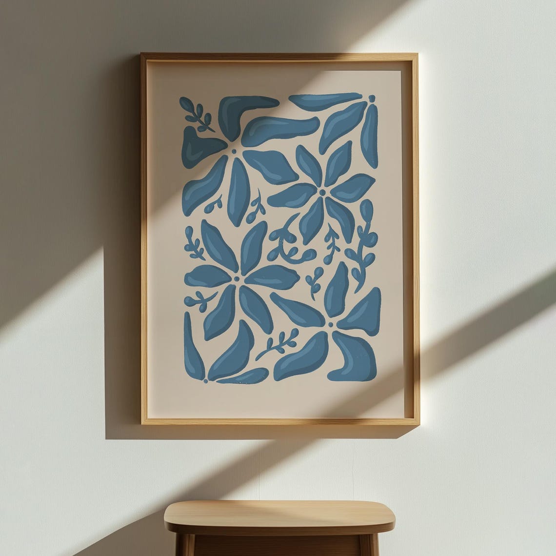 Blue Floral Pattern Poster Botanical Folk Art Scandinavian Wall Decor