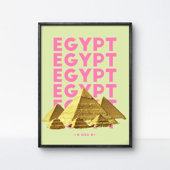 Egypt Giza Pyramids Poster Minimalist Travel Wall Art Bold Pink And Gold Landmark Decor