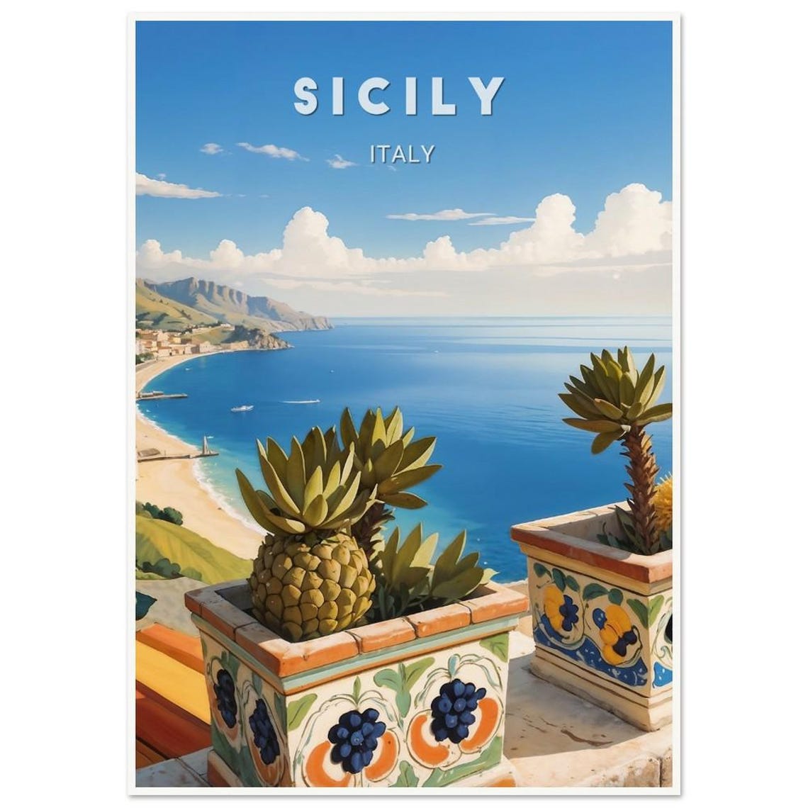 Sicily Italy Ceramic Pots Pineapple Terrace Beach View Art Poster