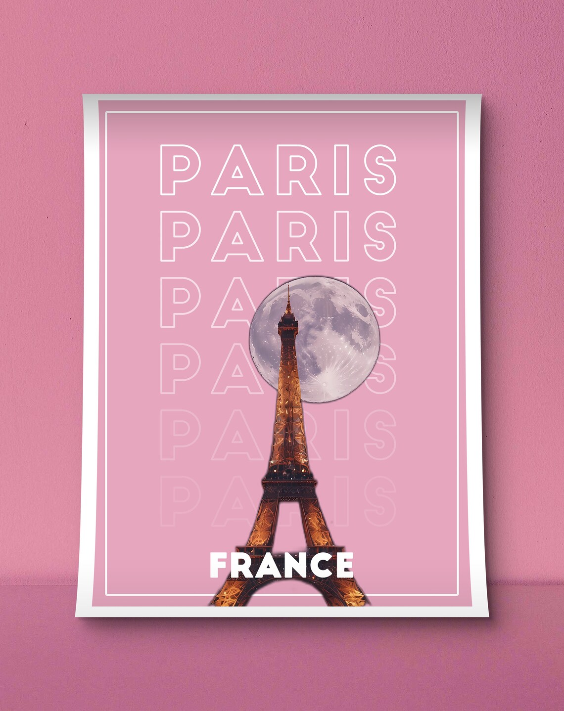 Paris France Eiffel Tower Full Moon Pink Romantic City Night Poster - Image 2