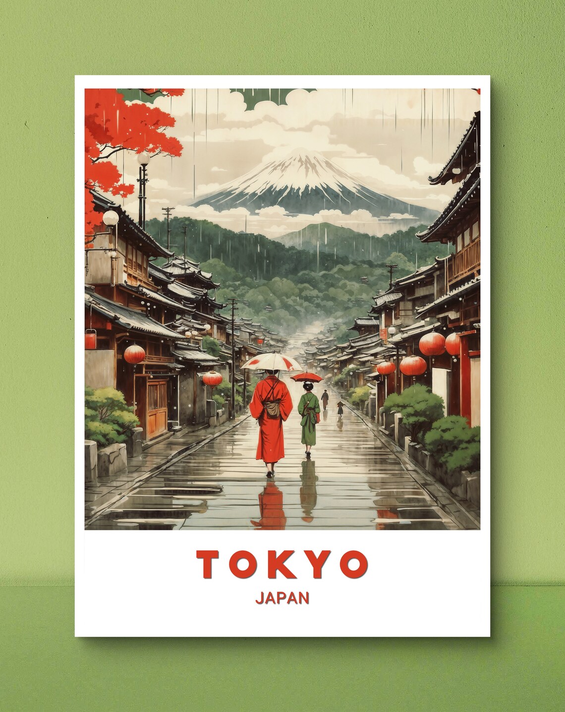 Tokyo Japan Rainy Traditional Street Umbrellas Lanterns Fuji Poster - Image 3