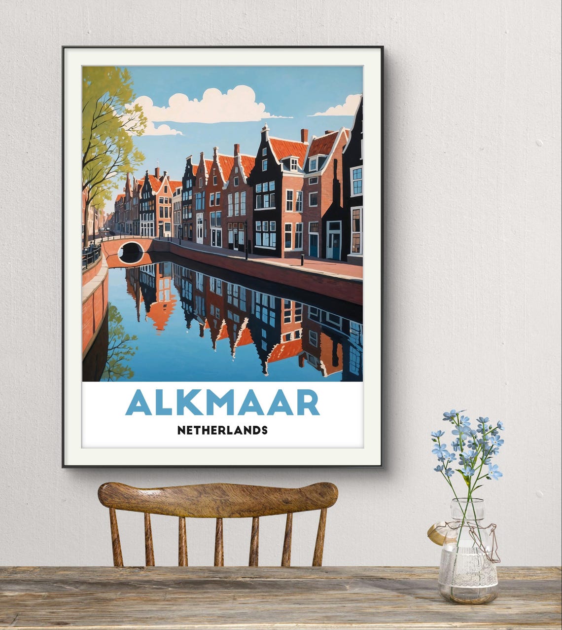 Alkmaar Netherlands Canal With Gabled Houses Reflection Travel Poster